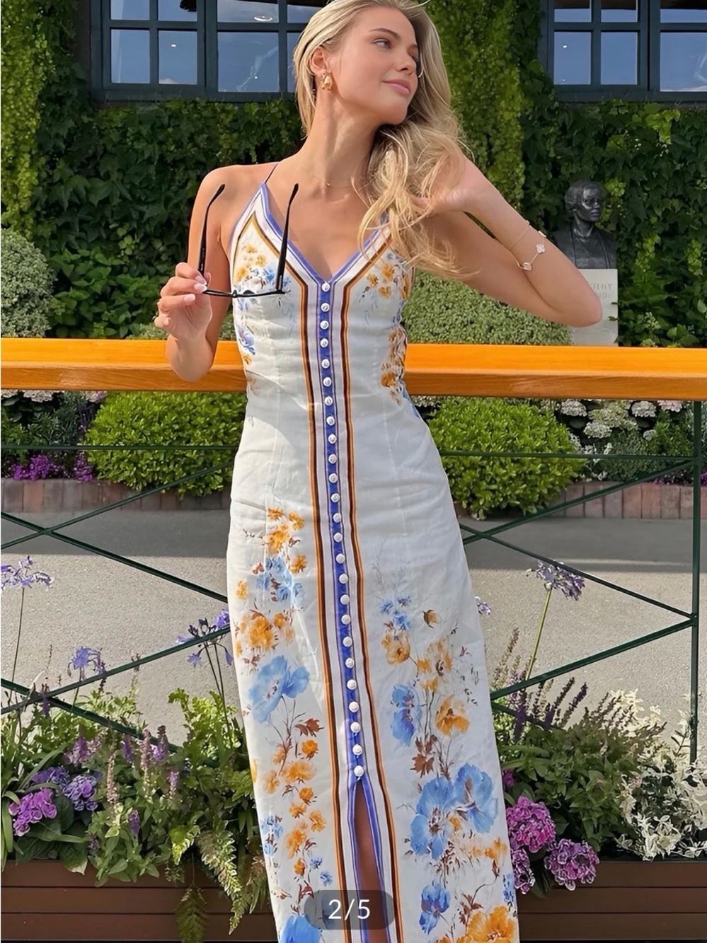 Floral Button-Front Maxi Dress – White with Blue & Yellow Floral